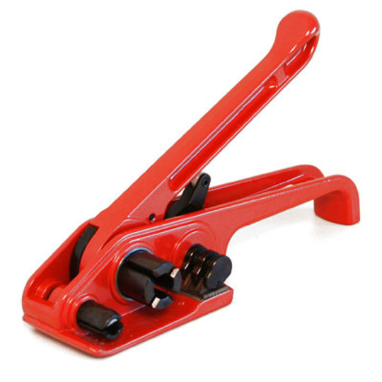 Manual strapping tensioner to apply tension to Cordstrap polyester composite strapping products.